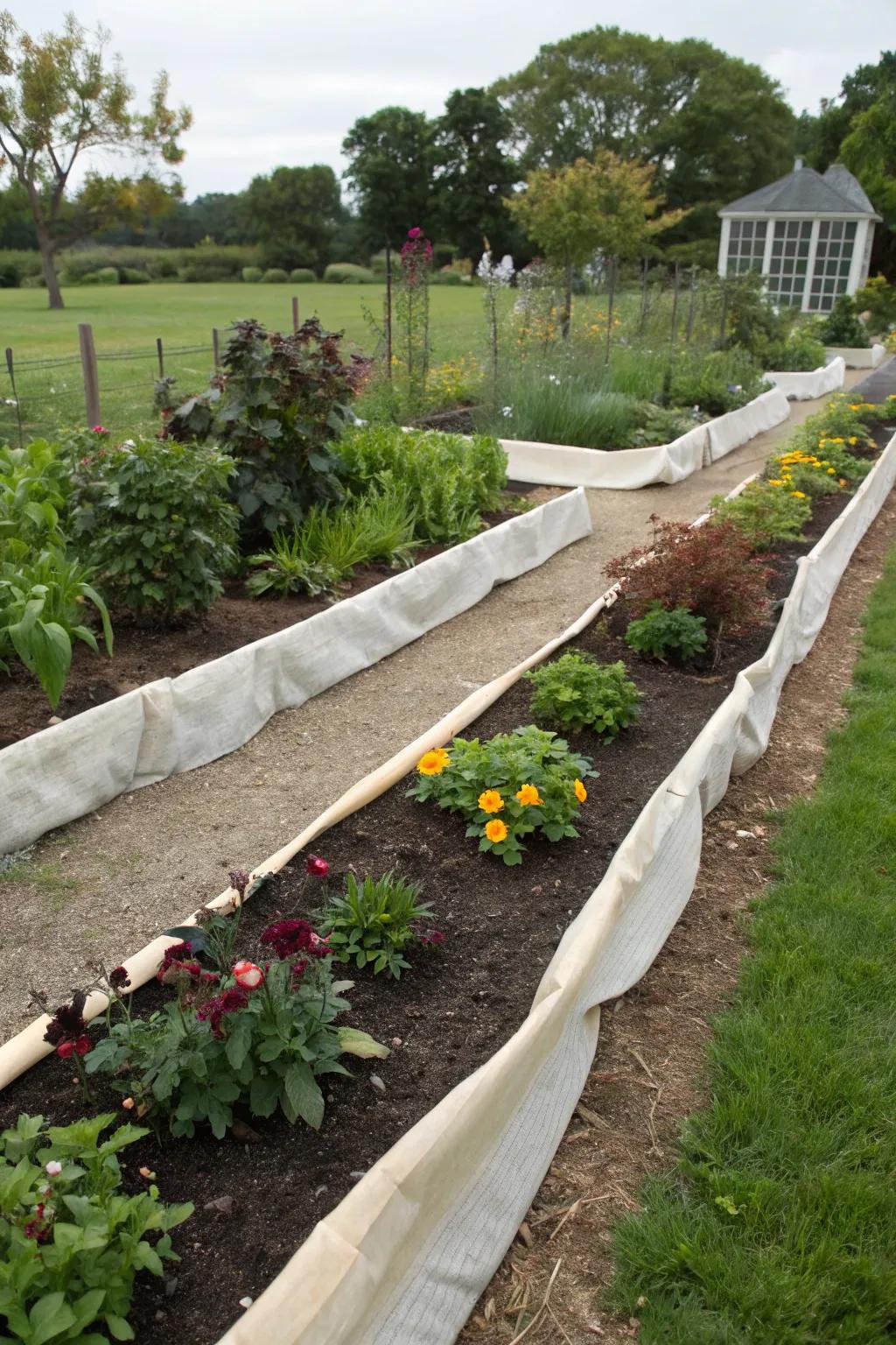 Scenery material borders preserve garden beds orderly and vegetation-free.