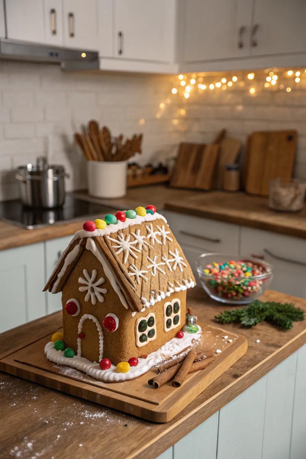 A gingerbread roof with rustic cinnamon timbers.