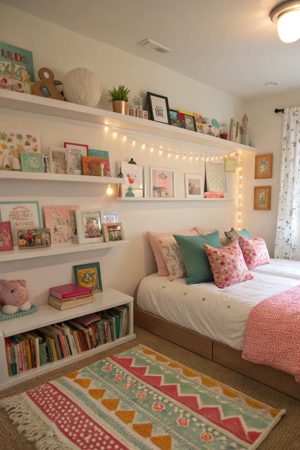 Cantilevered shelving proffers fashionable and functional display options in shared spaces.