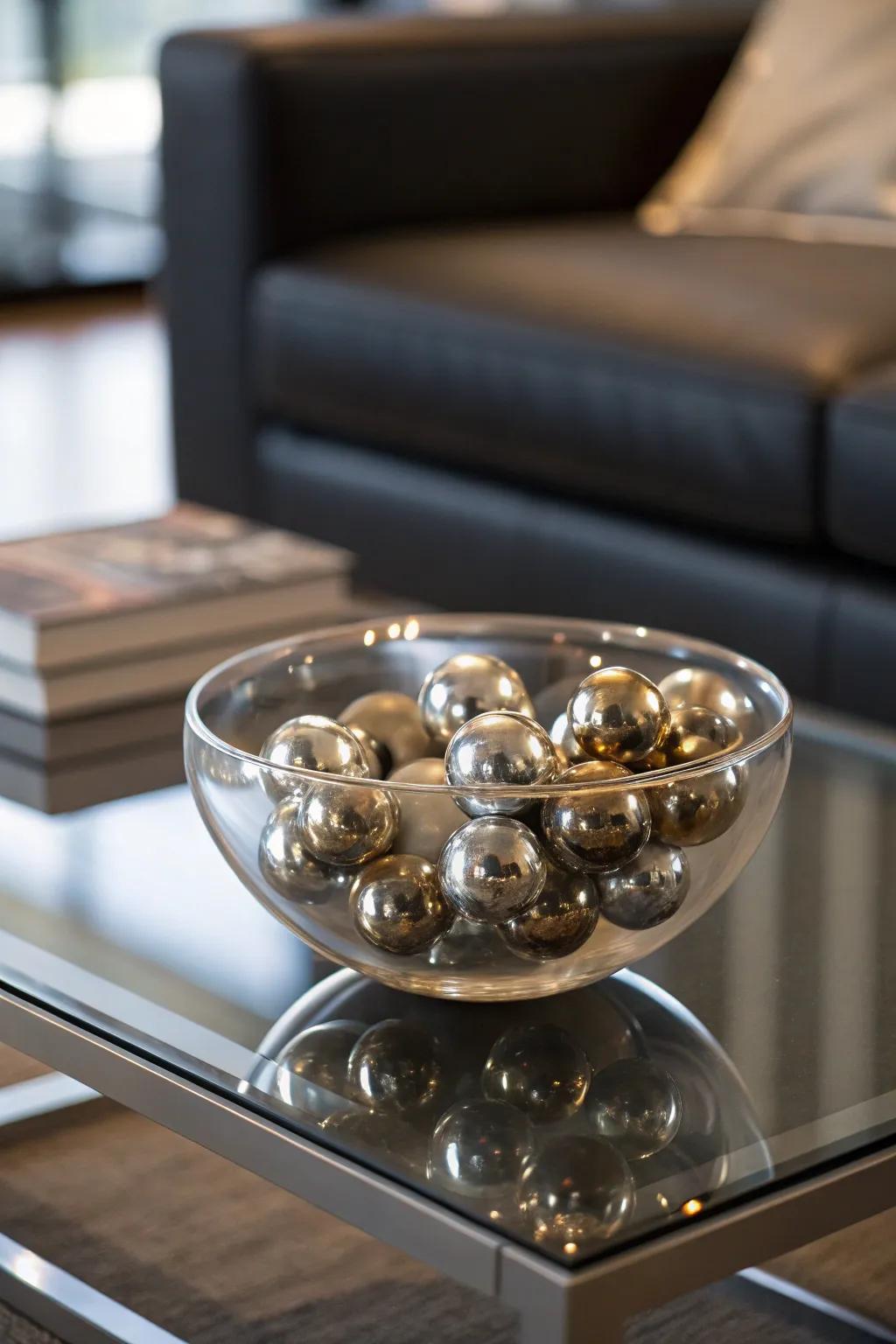 Modern and edgy metallic spheres within a glass bowl.