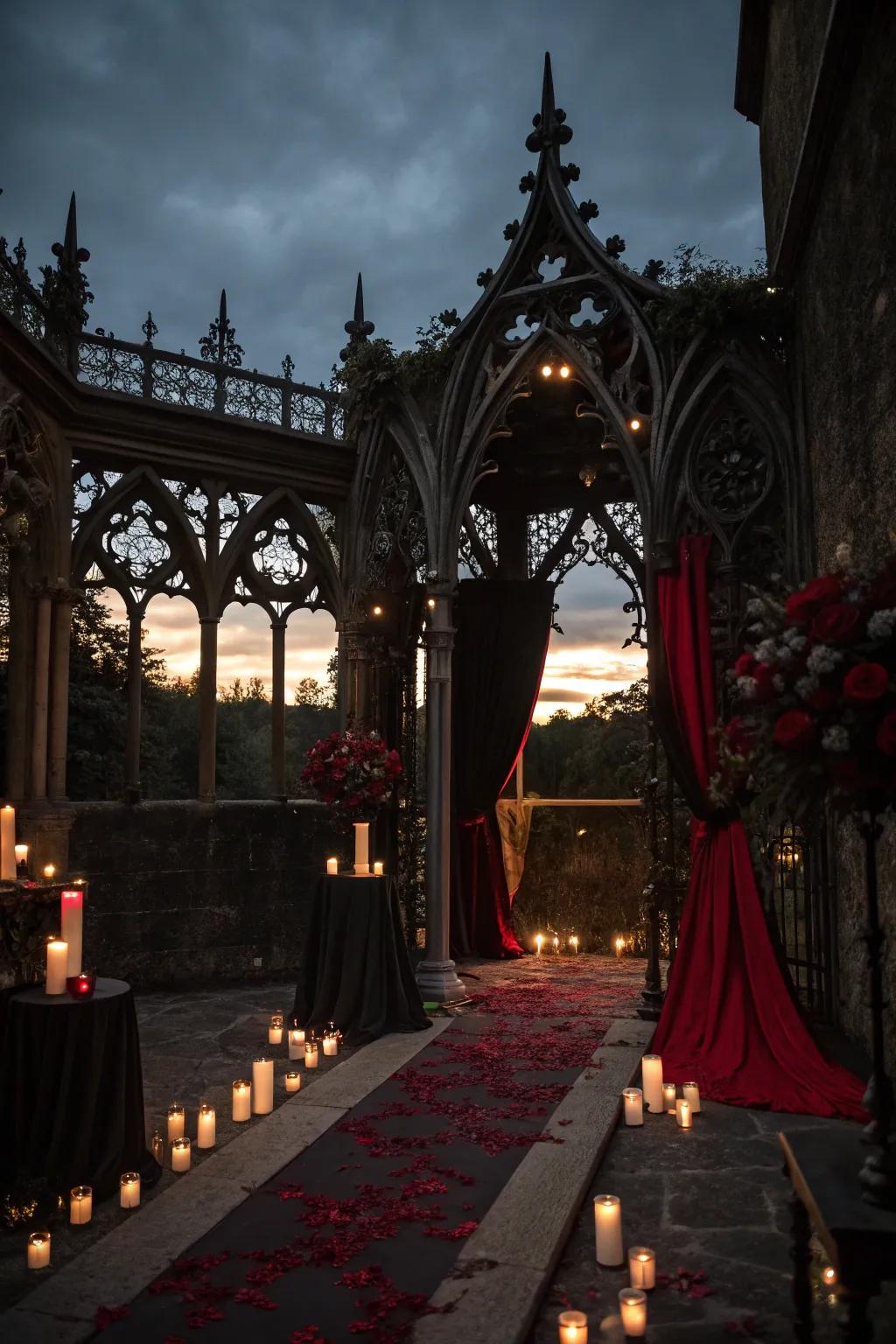 A Gothic wedding rite at twilight showcasing subdued lighting.