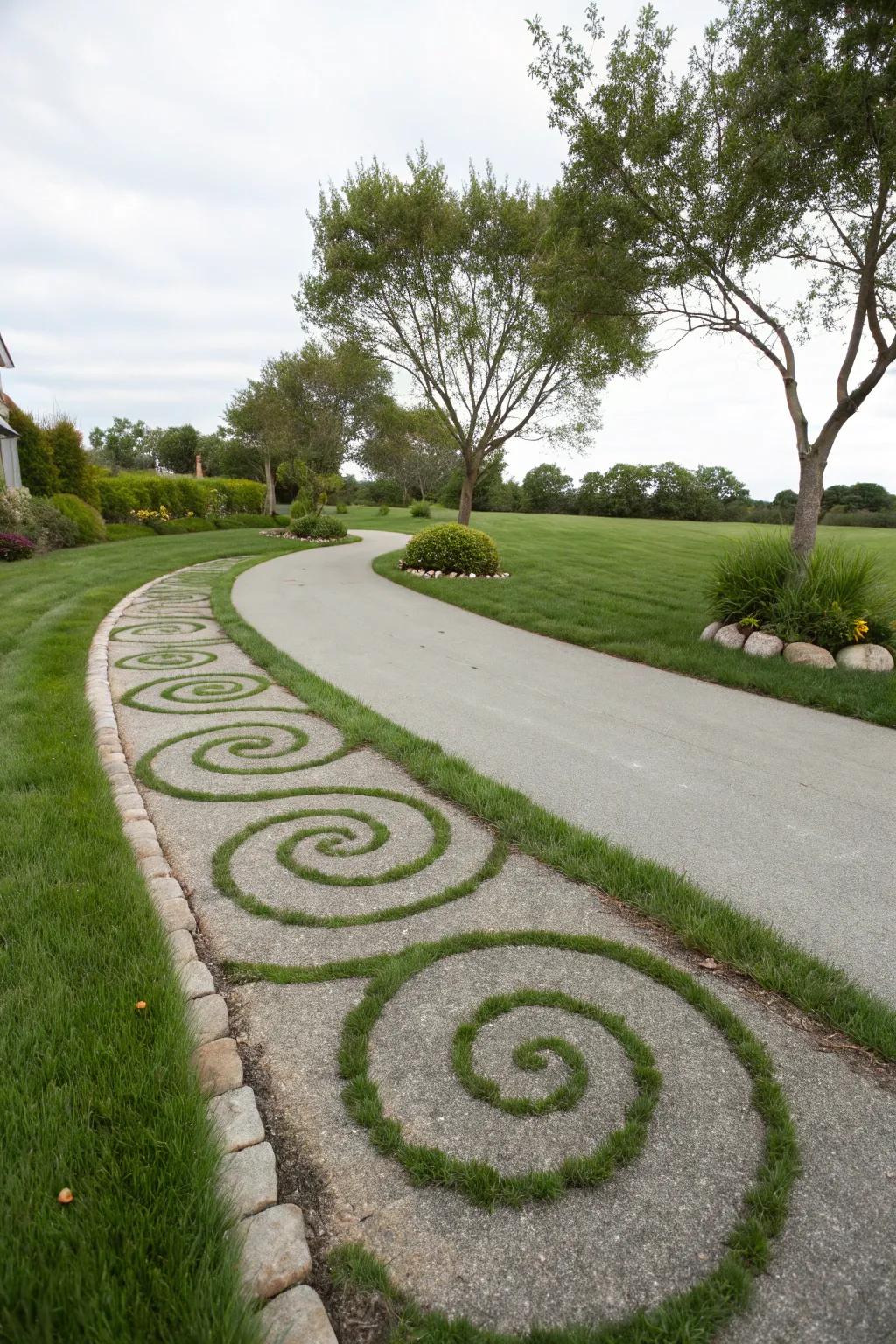 Spiral turf designs introduce a whimsical, artistic touch.