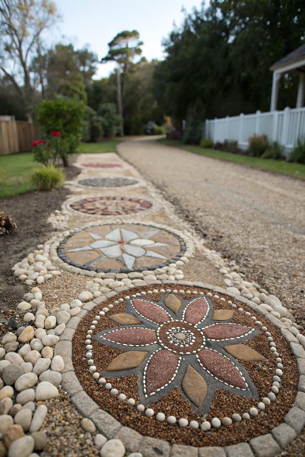 Artistic stone layouts individualize this gravel driveway.