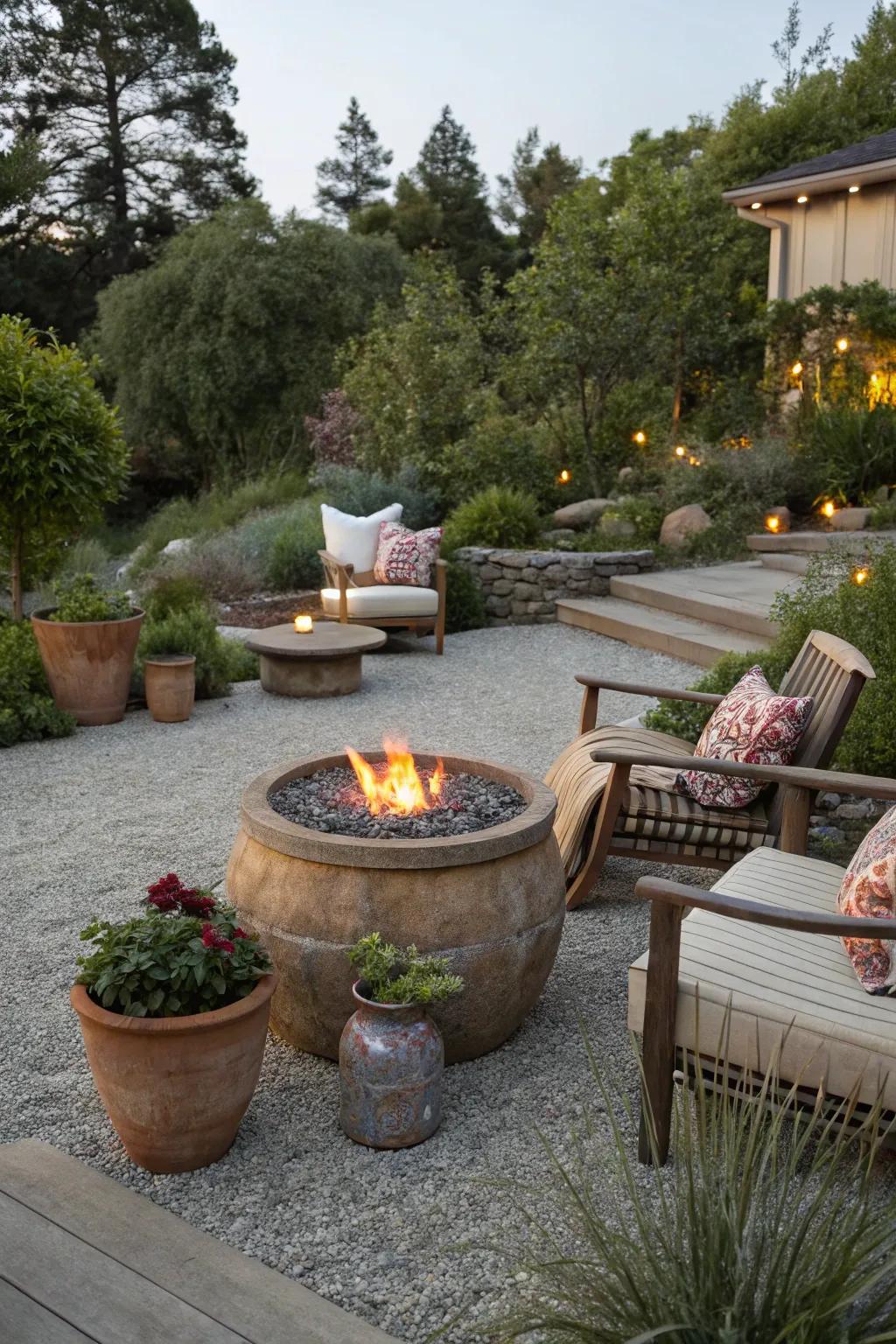 The inclusion of a fire pit, surrounded by an array of planters, fosters a cozy outdoor retreat.