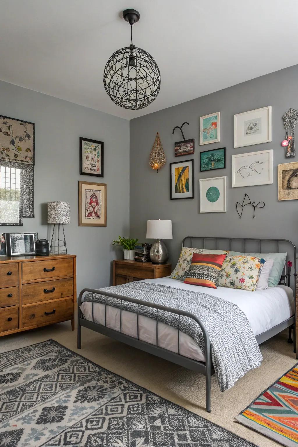 Varied accents give gray personal spaces a personalized touch.