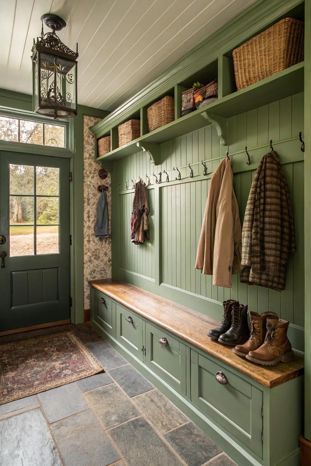 A nostalgic inspired mudroom featuring practical allure.