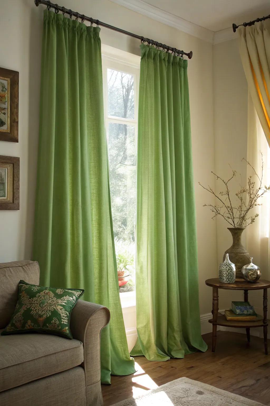 A room altered with verdant window coverings.