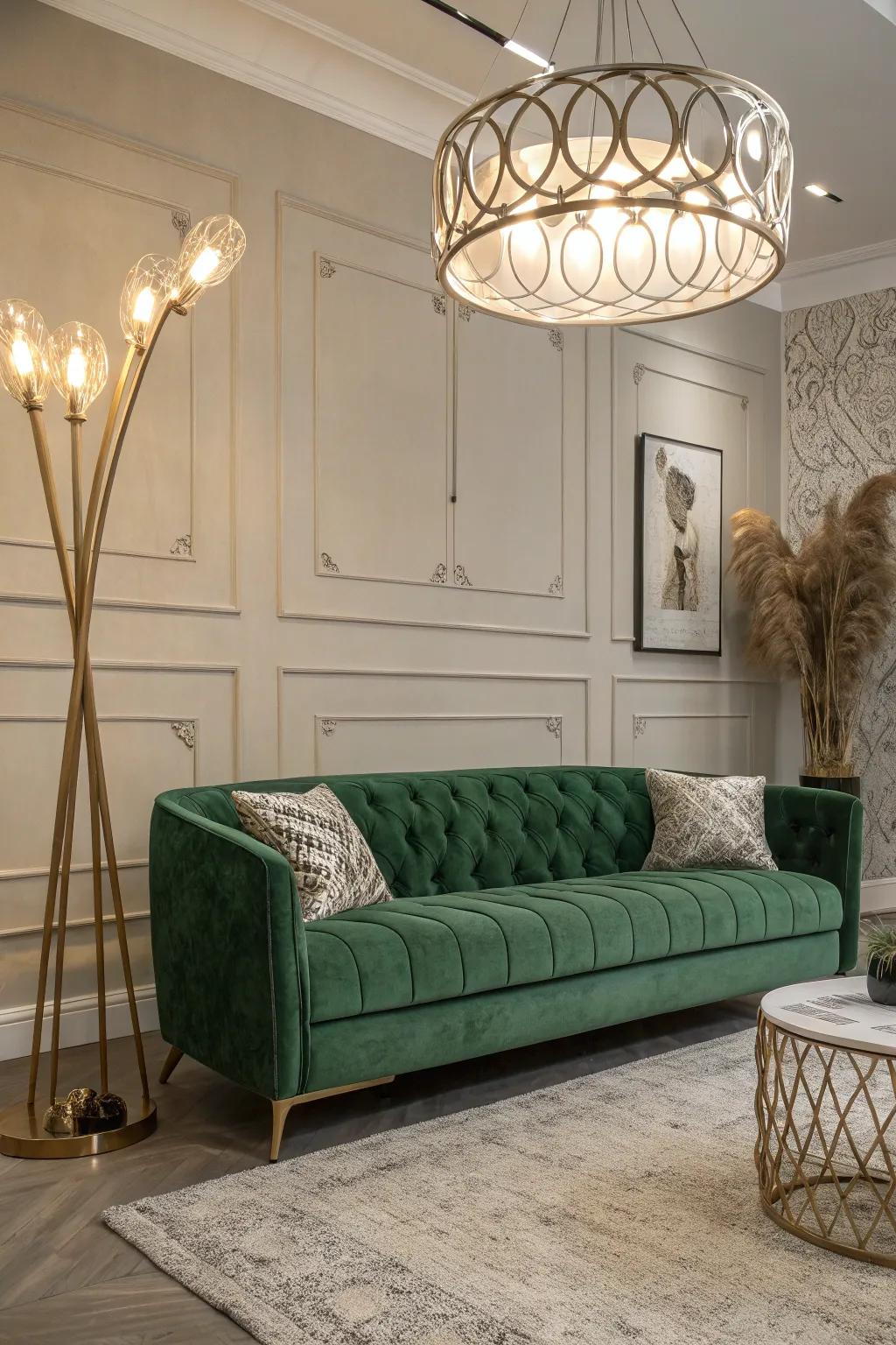 A charming lounge featuring a green velvet couch and unique lighting.