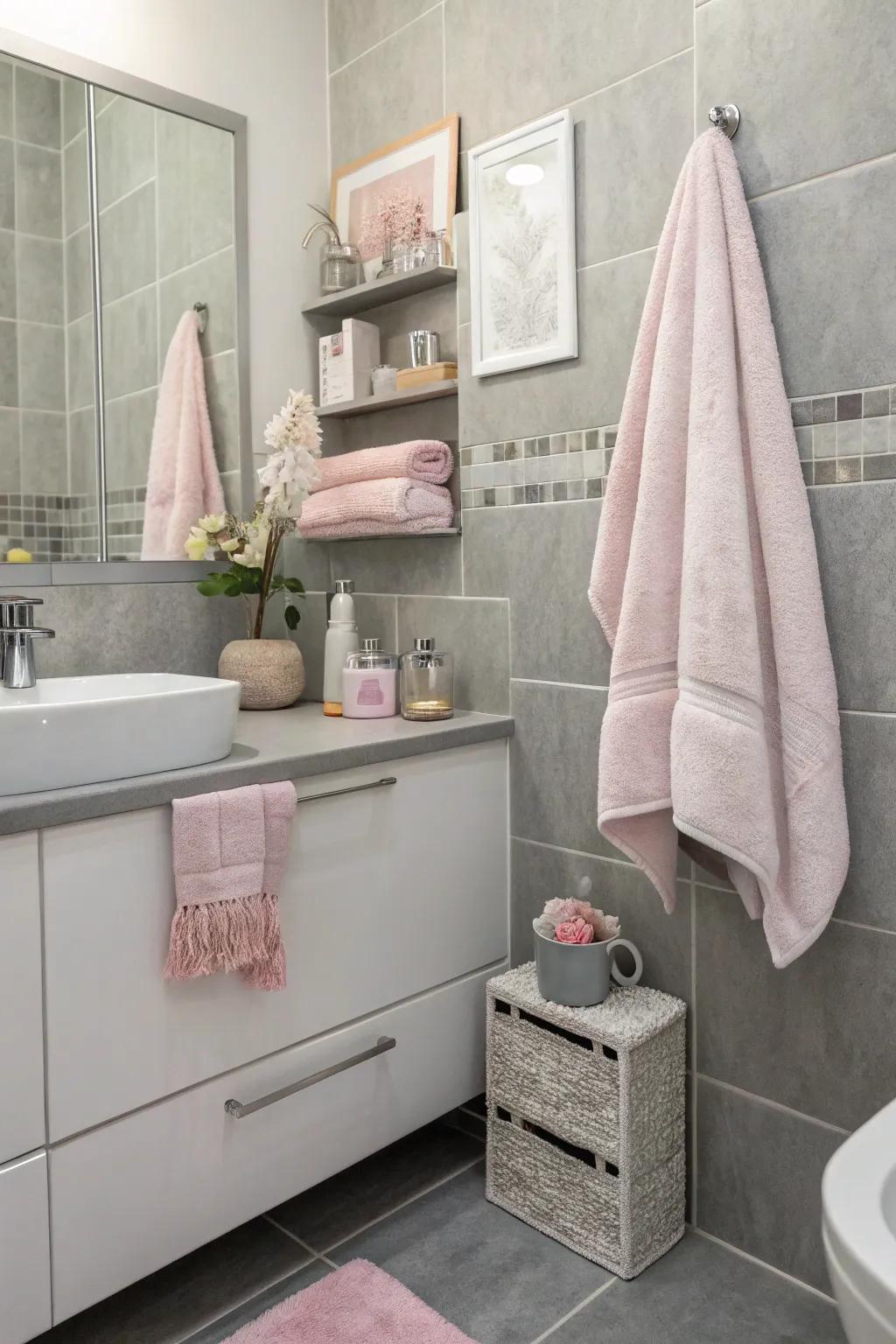Pastel details add a gentle touch to the grey bathroom.