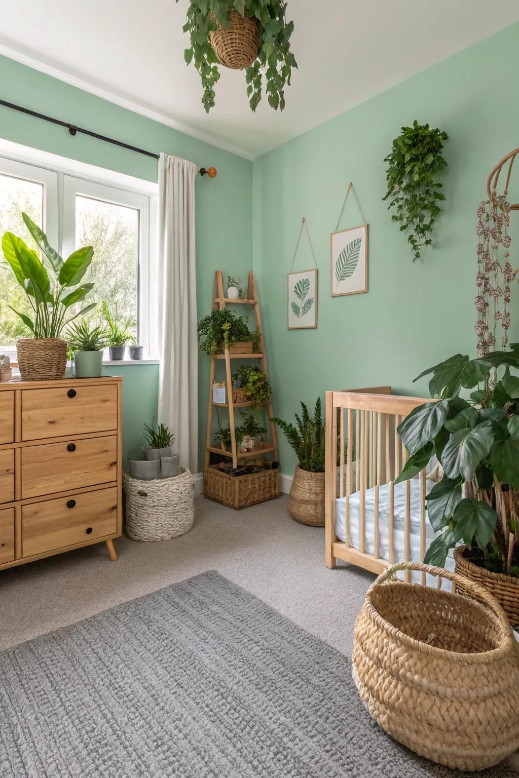 Seafoam walls offer a revitalizing juxtaposition alongside grey carpets.