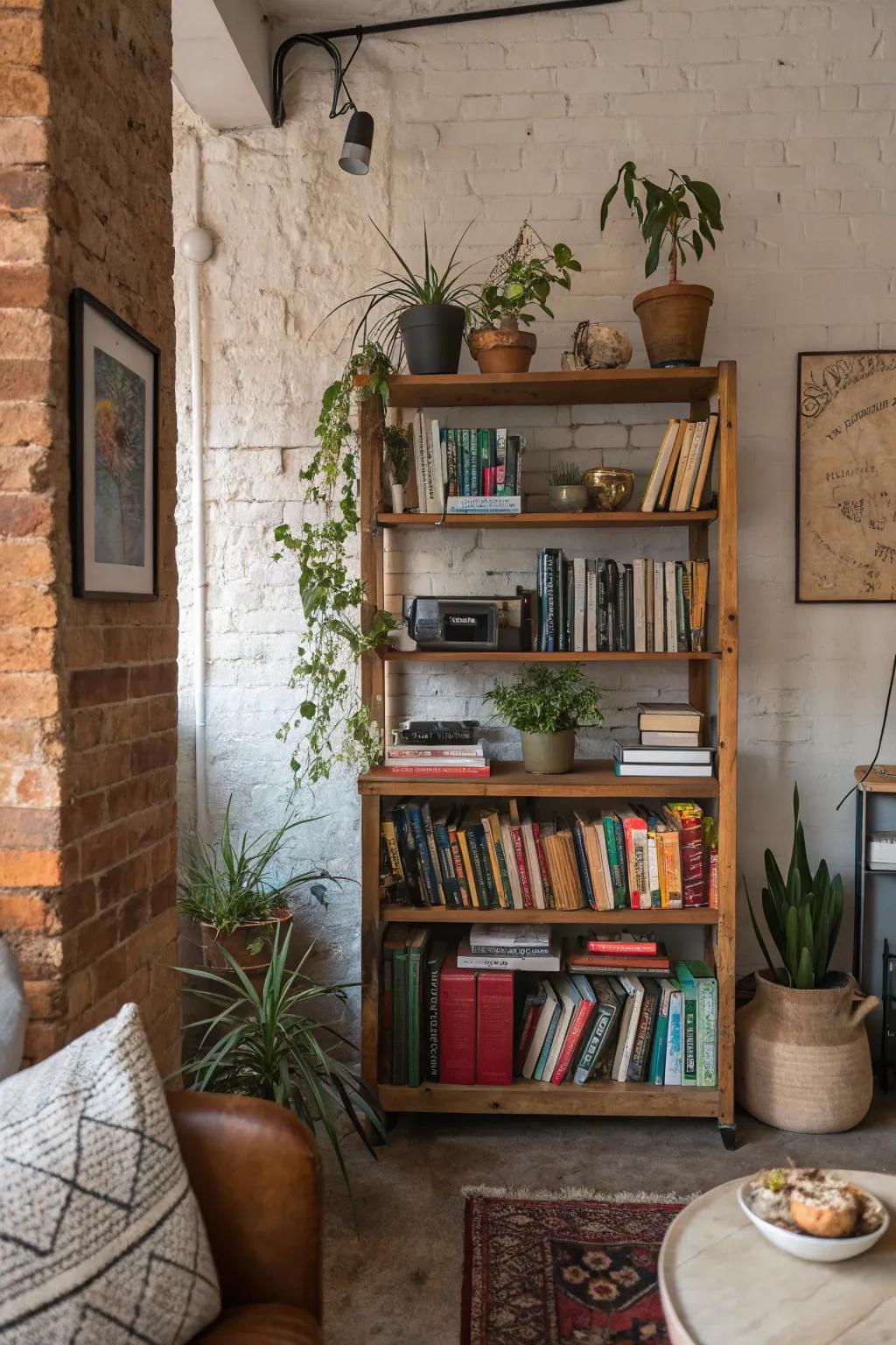 A personal book repository contributes profundity and persona to the ornamentation.