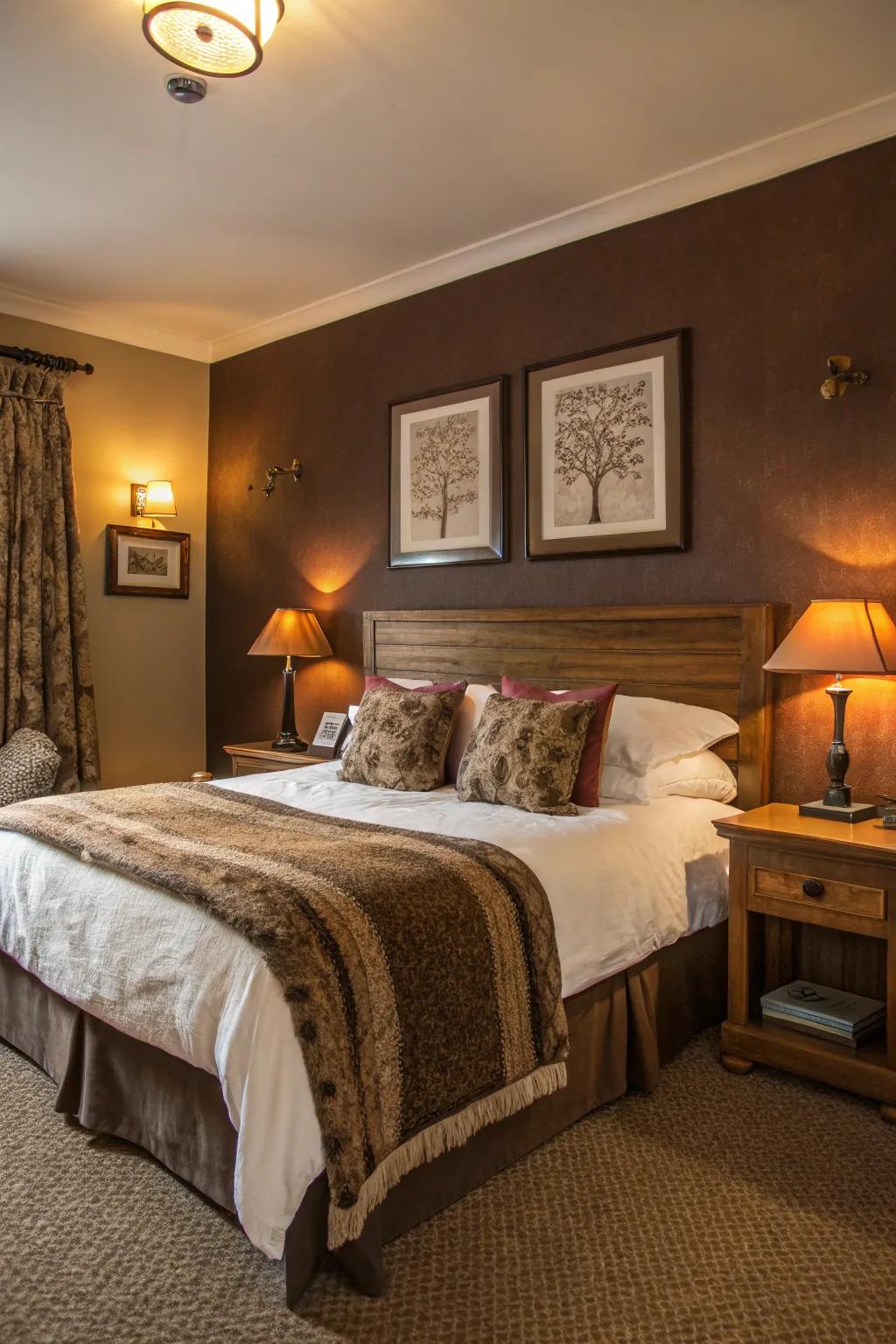 A cozy guest room with warm cocoa brown walls.