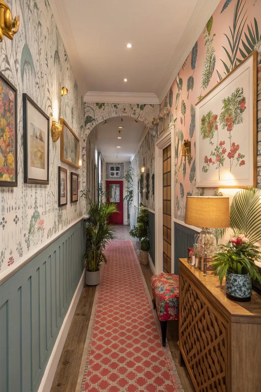 A hallway that reveres diversity through an assorted surface covering fusion.