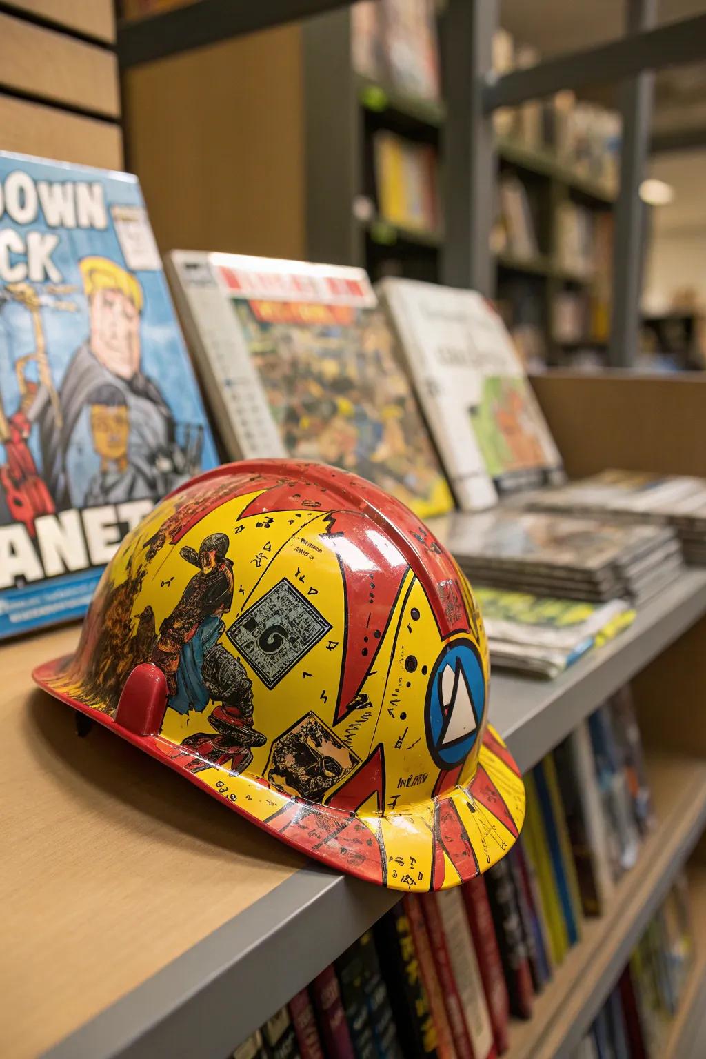 A hard hat enlivened using components from graphic novels.