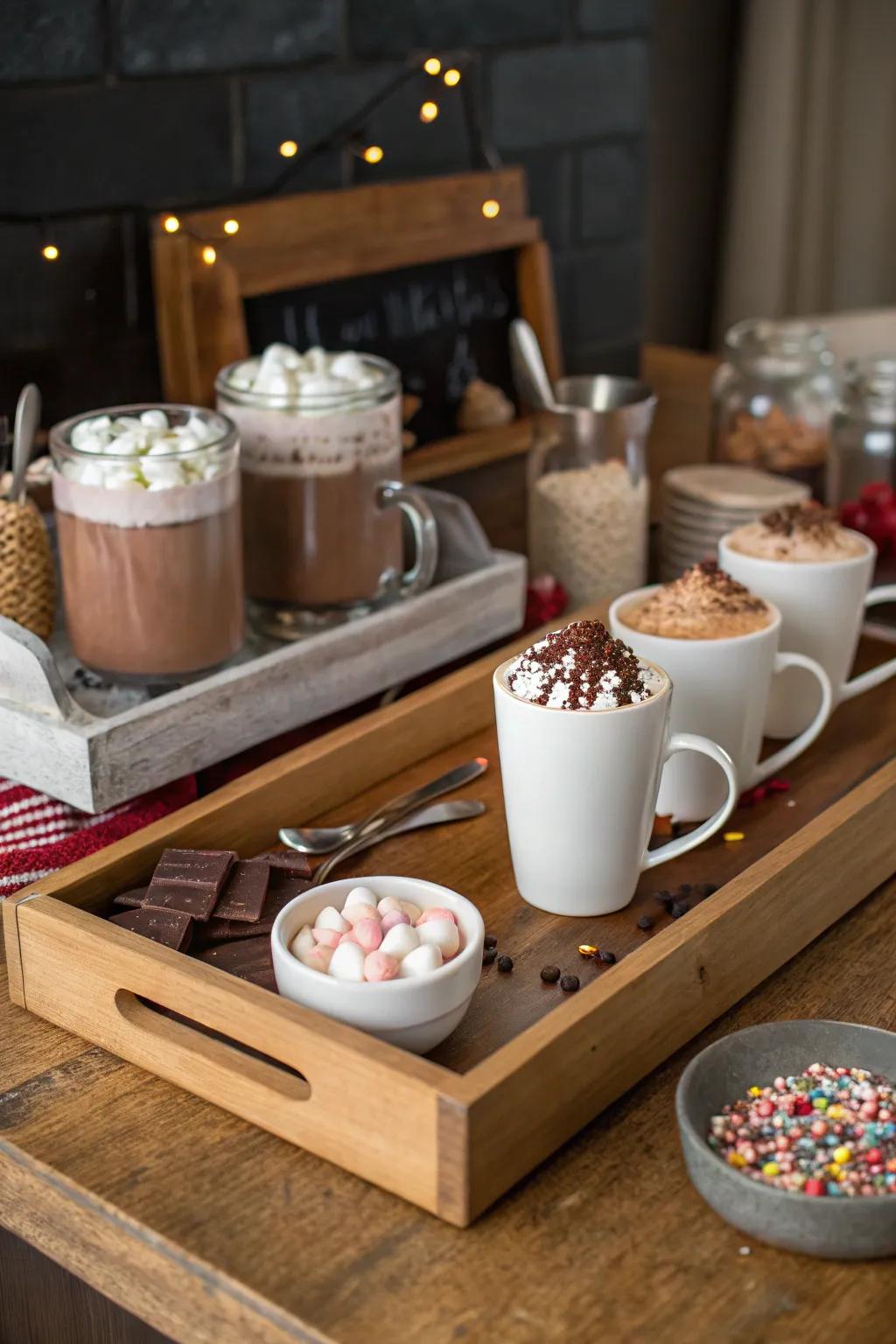 A consoling steaming cocoa bar designed for affectionate gatherings.