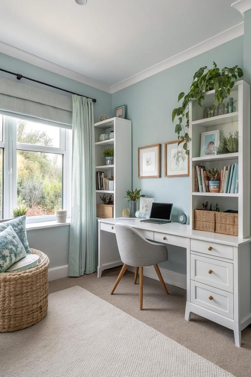Soothing colors create a peaceful and focused workspace.