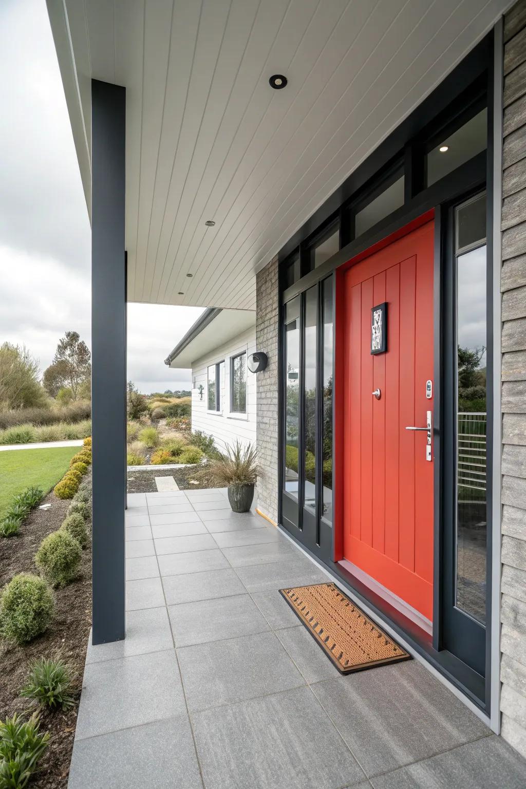 A reconfigured entryway functions as the breathtaking centerpiece for this contemporary porch.