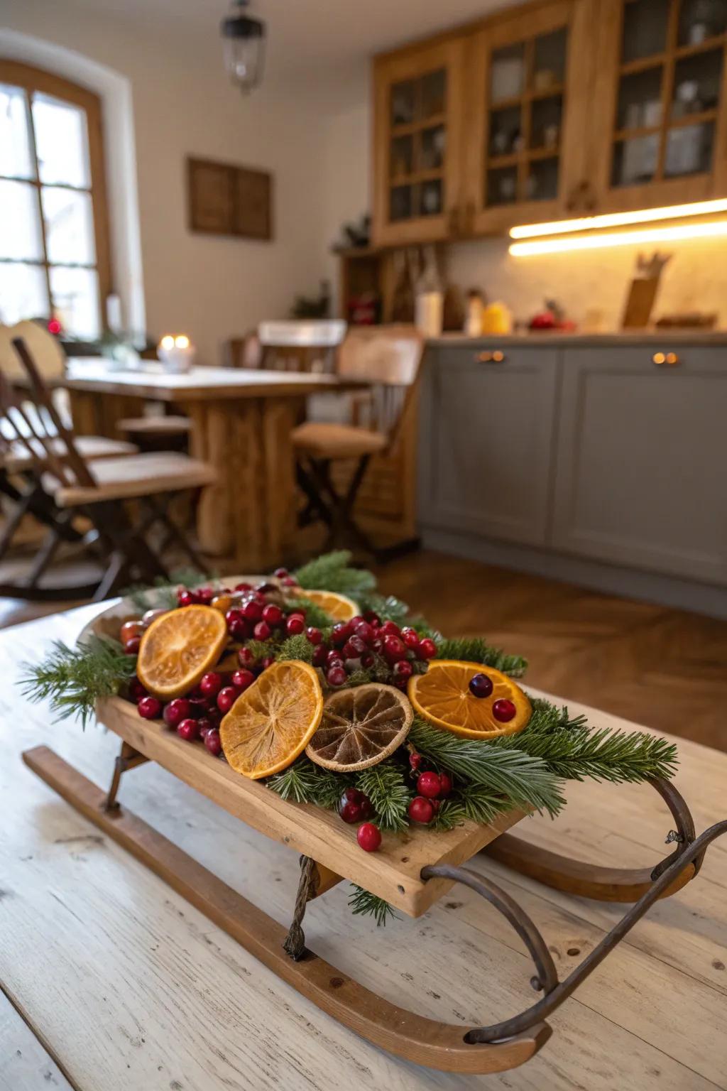 A revitalized sled showcasing seasonal fruits