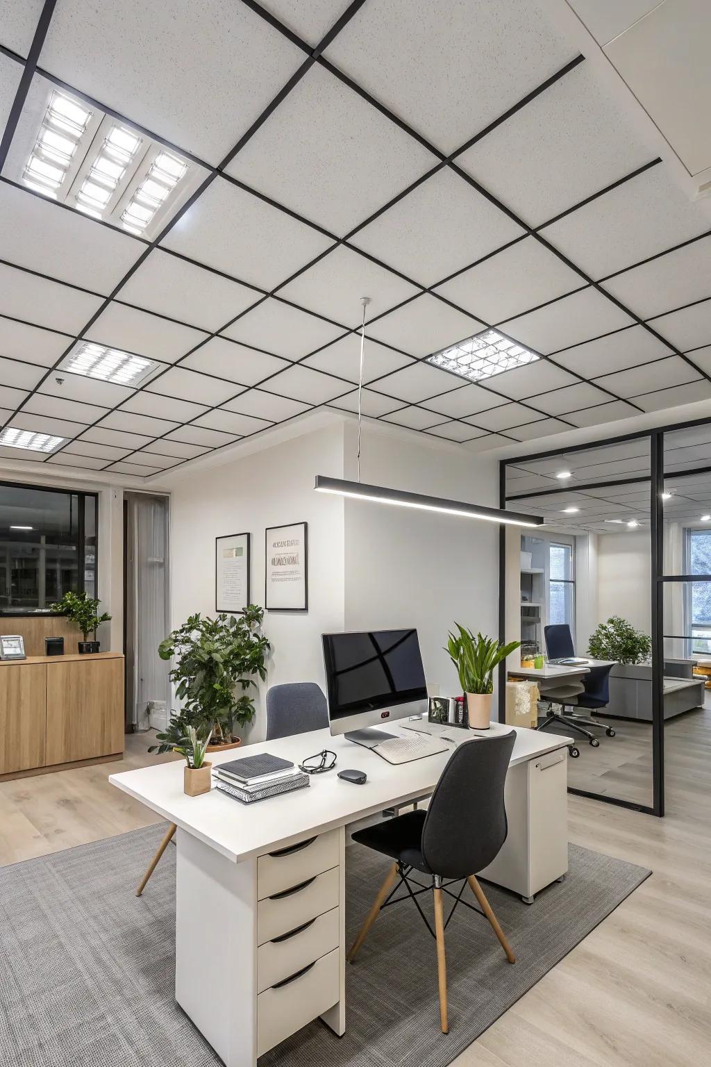 A contemporary domestic office featuring suspended overhead plane panes.
