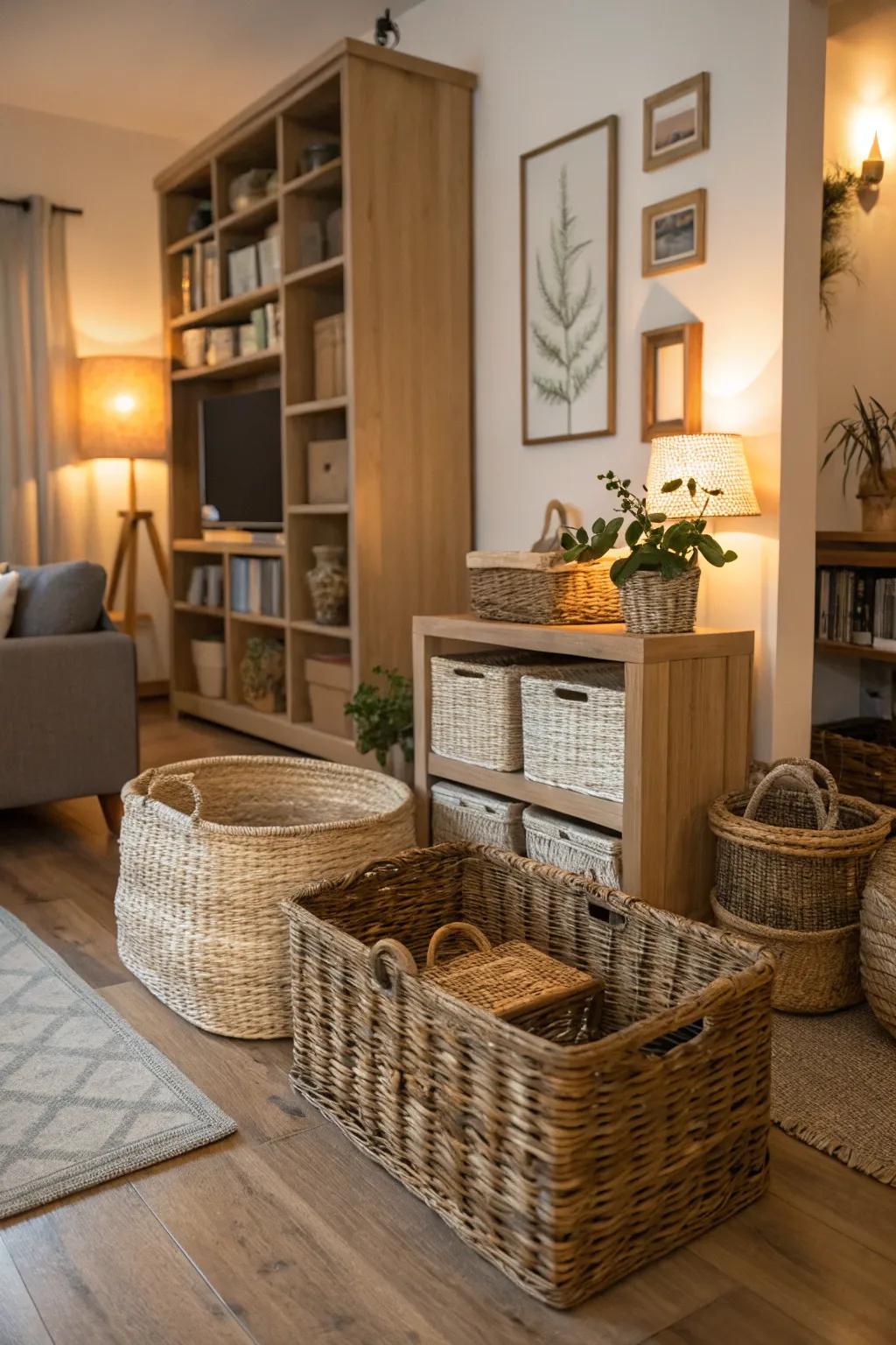 Interlaced baskets contribute textural attributes and pragmatic retention alternatives.