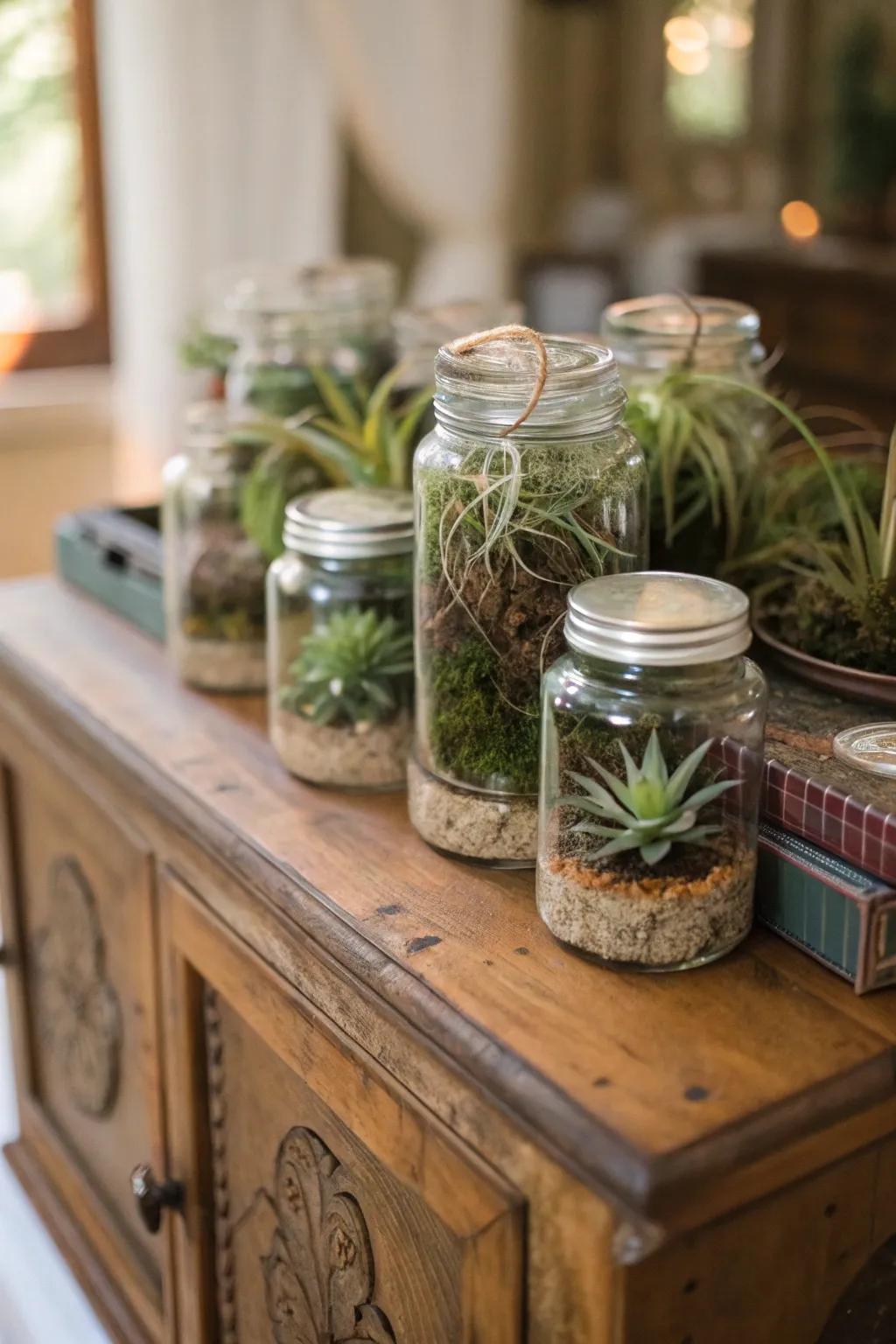 Eclectic jars featuring air plants for an artistic presentation.