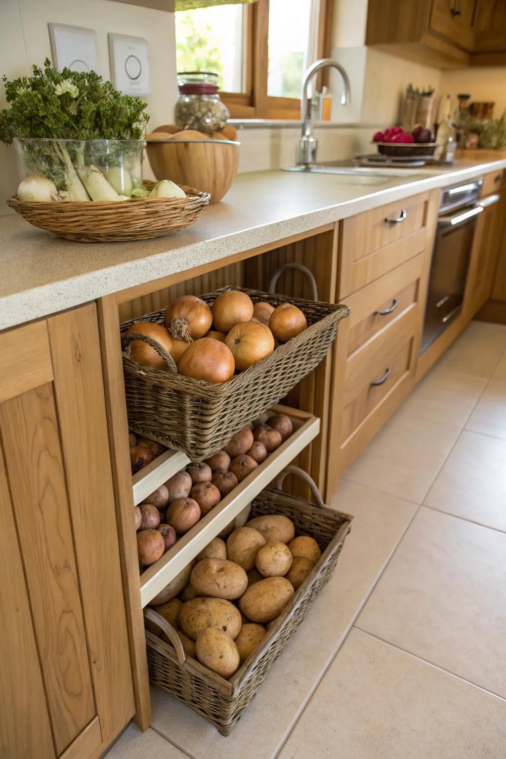 Surface shelves generate additional storage space for produce.