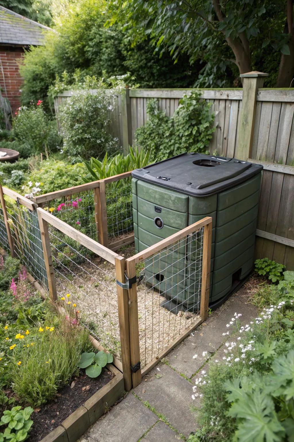 A pet-friendly compost bin with secure features, ensuring safety and accessibility.