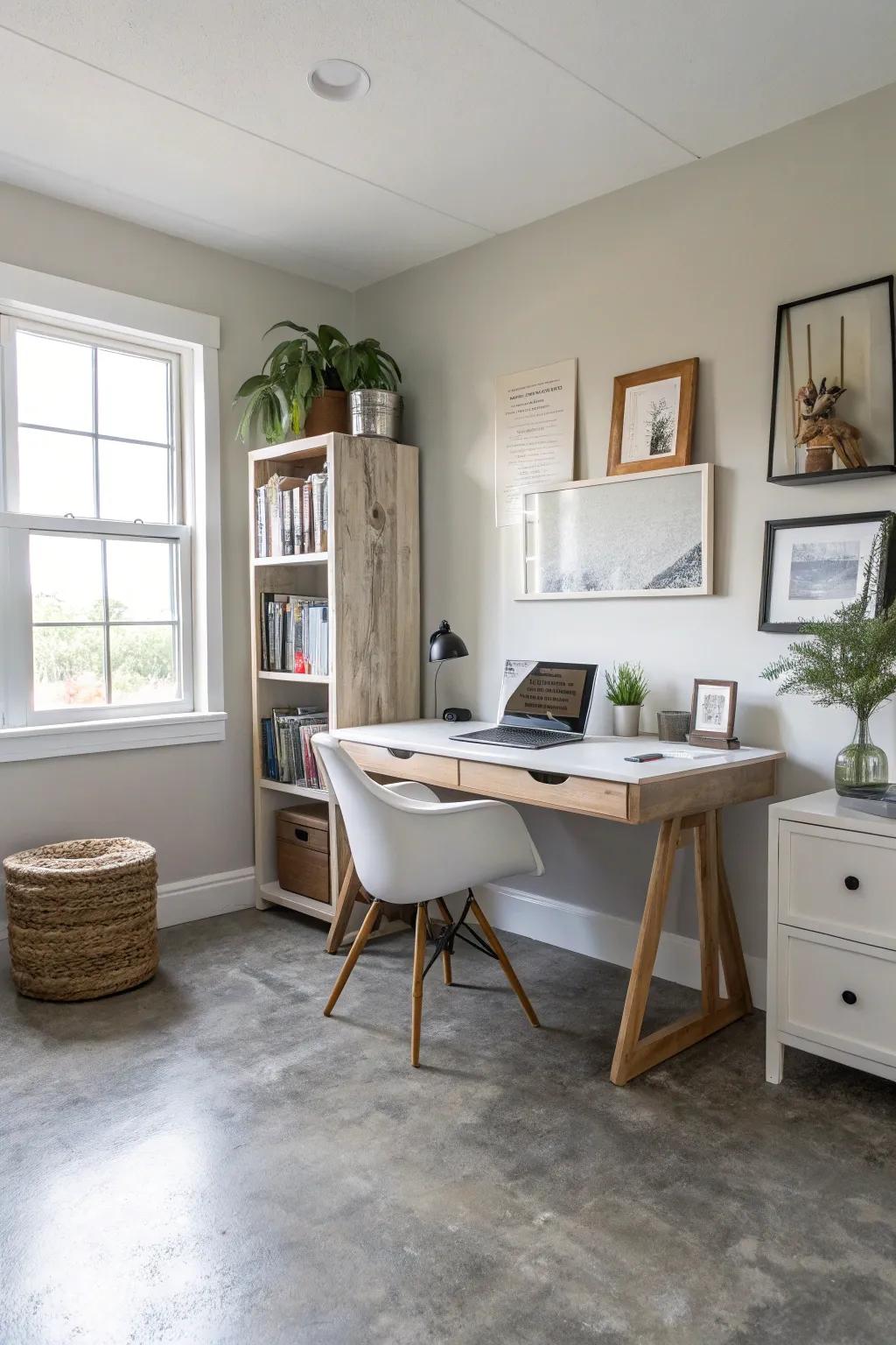 Subdued neutral harmonies on a concrete floor furnish a versatile and timeless base for this home office.