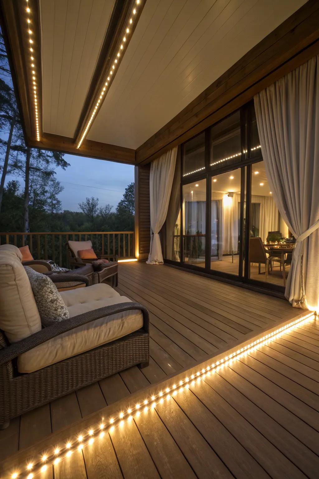 LED strip lighting casts a cozy glow across this indoor deck.