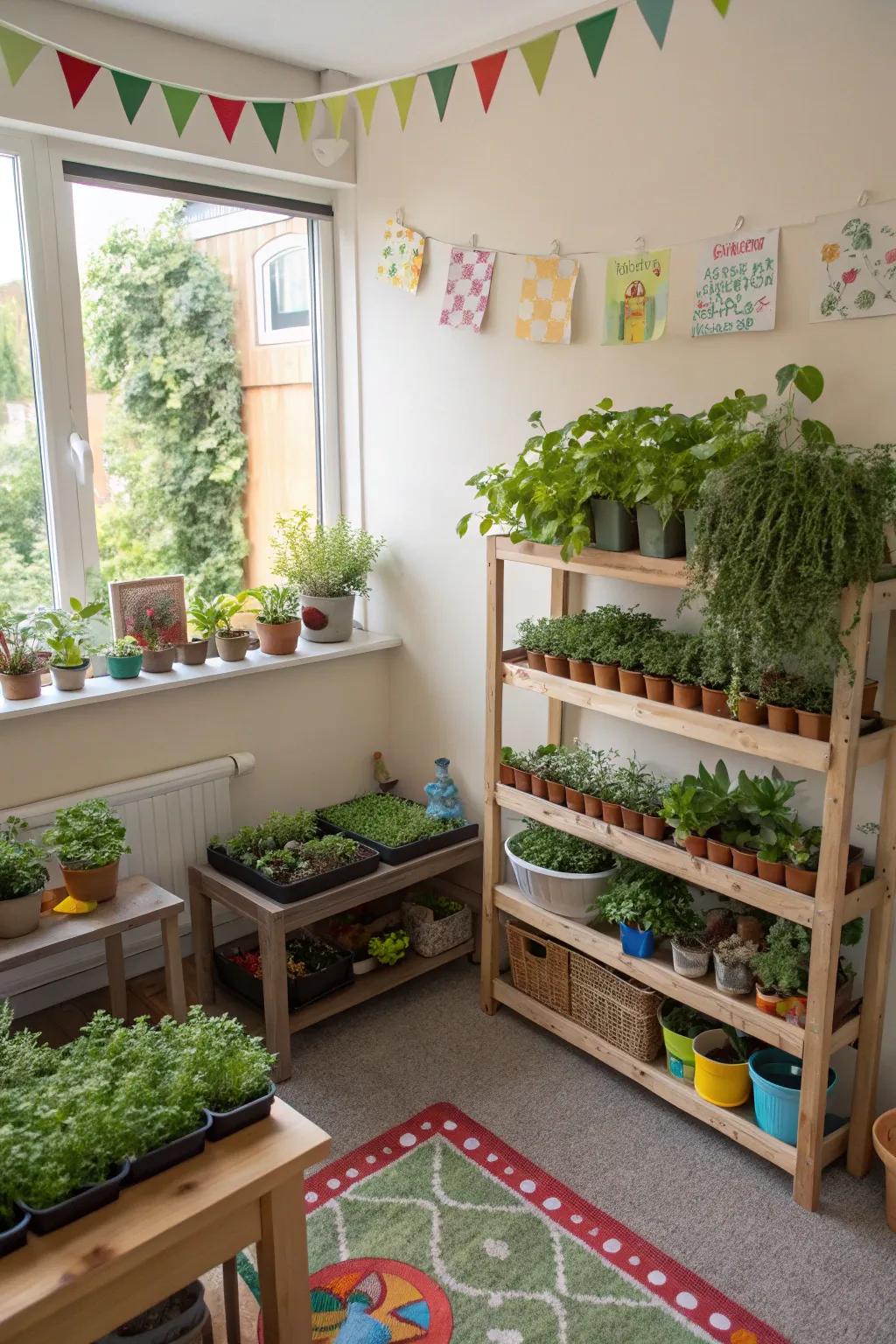 An interior cultivation corner links children with nature indoors.