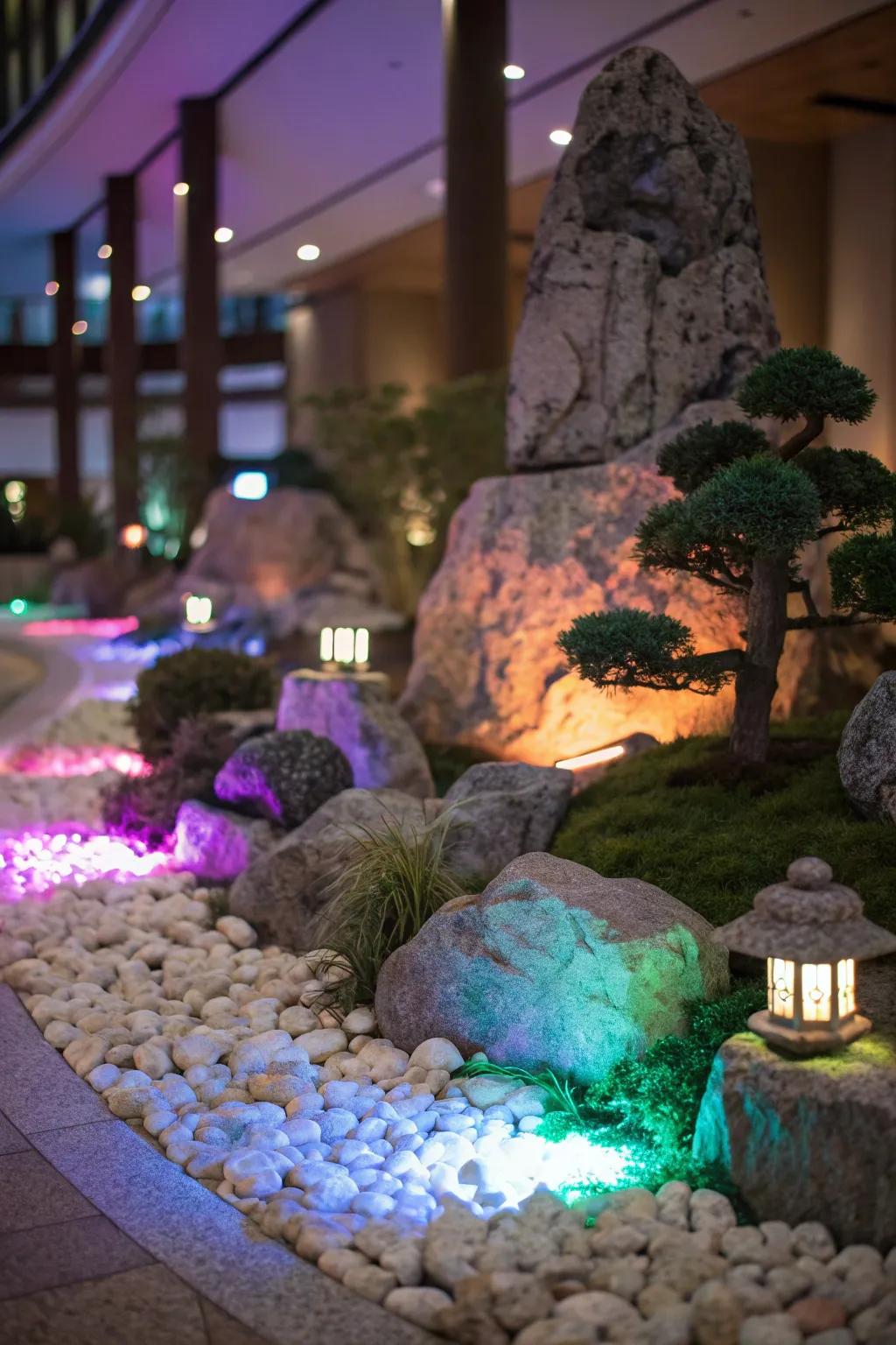 A lighted stone garden scintillates with enchanting nighttime allure.