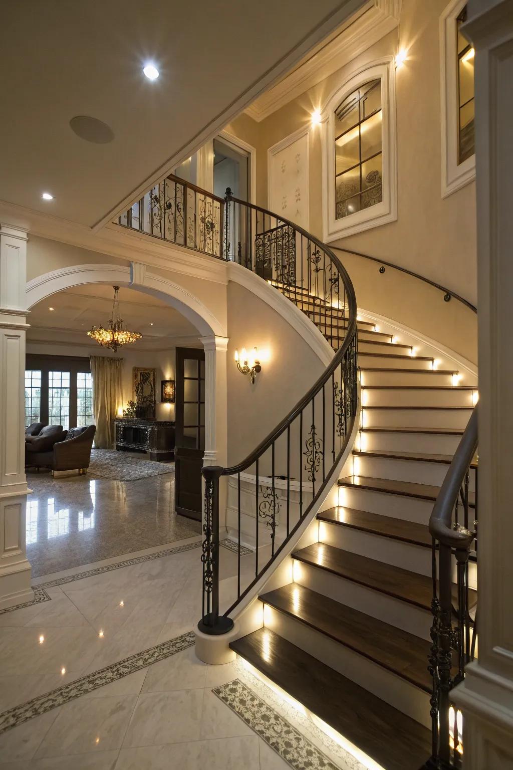 Integrated lighting in railings adds safety and ambiance.