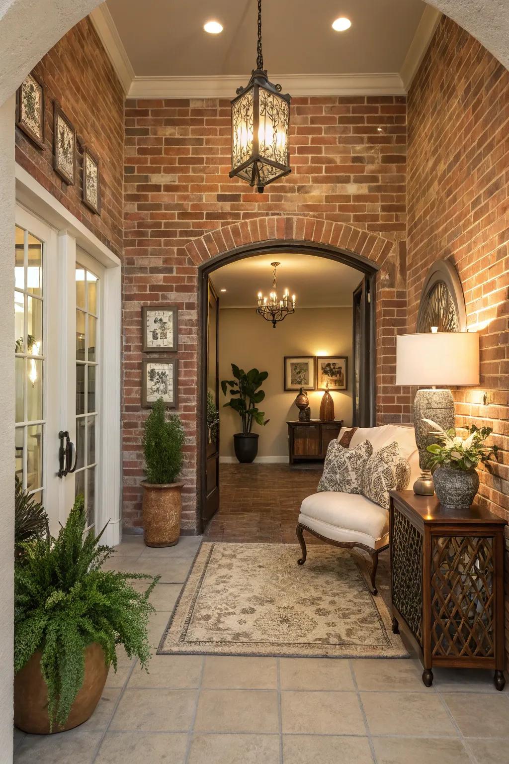 An urban entryway with a brick wall, creating a welcoming assertion for the home.