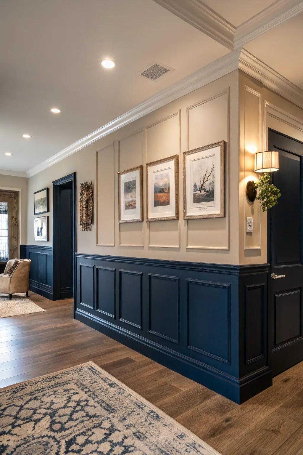 A room featuring deep navy baseboards, which provides a striking color contrast.
