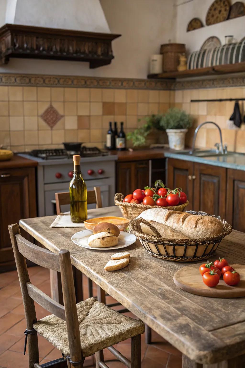 A strong rustic table ends up being the heart of the cooking area.