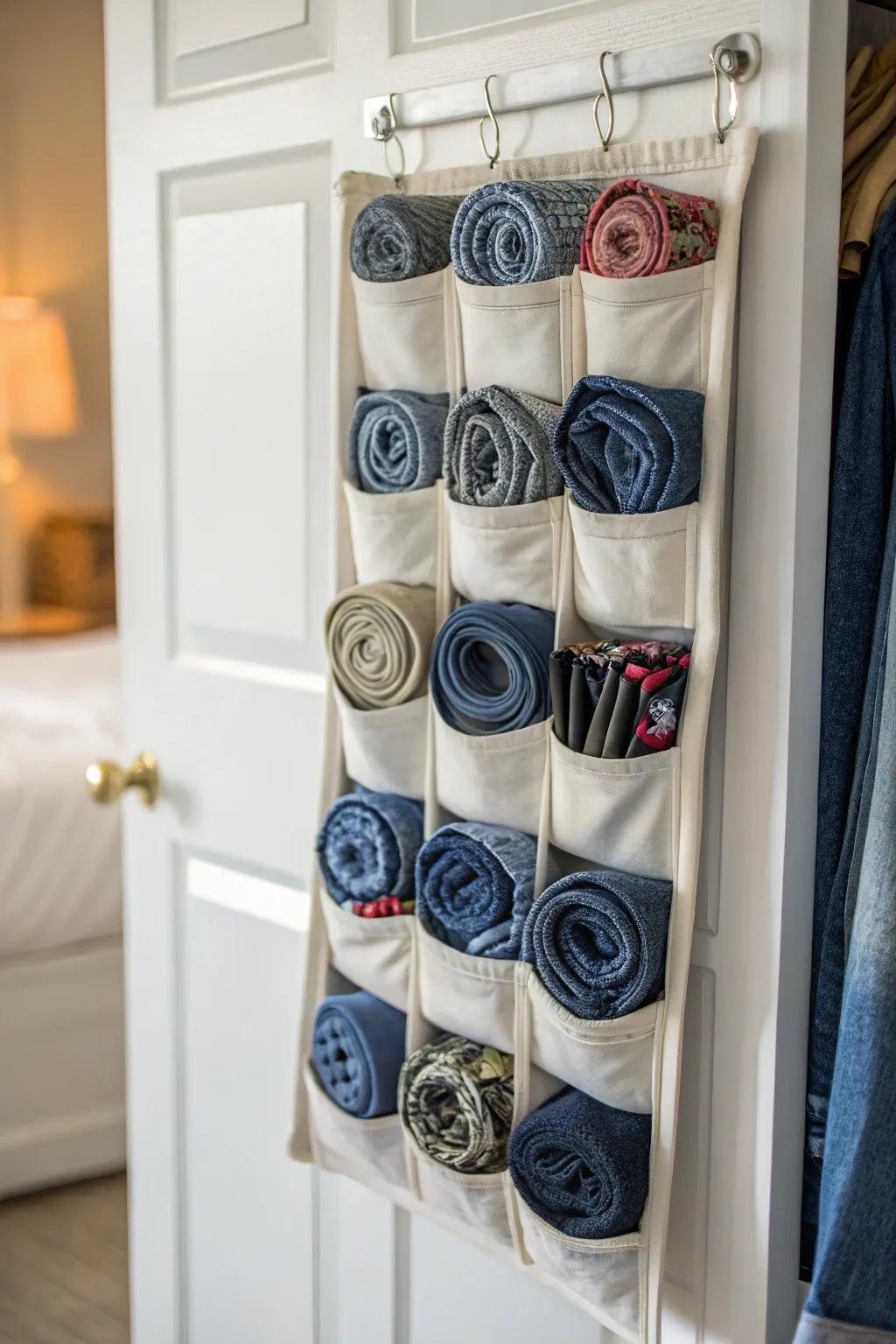 Over-the-door storage pockets provide a space-saving jeans storage solution.