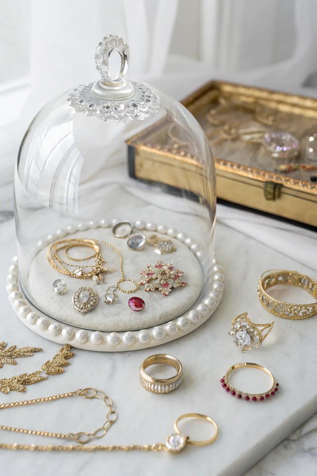 A glass vault jewelry display styled in the manner of a museum