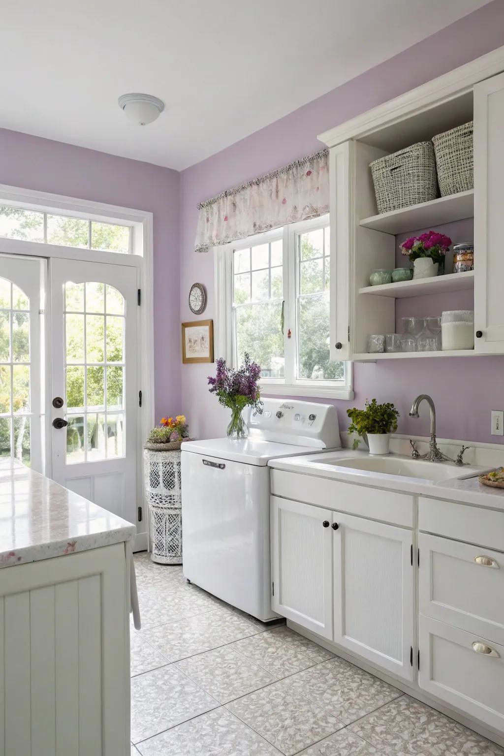 Delicate lavender tones cultivate a composed and serene culinary environment.