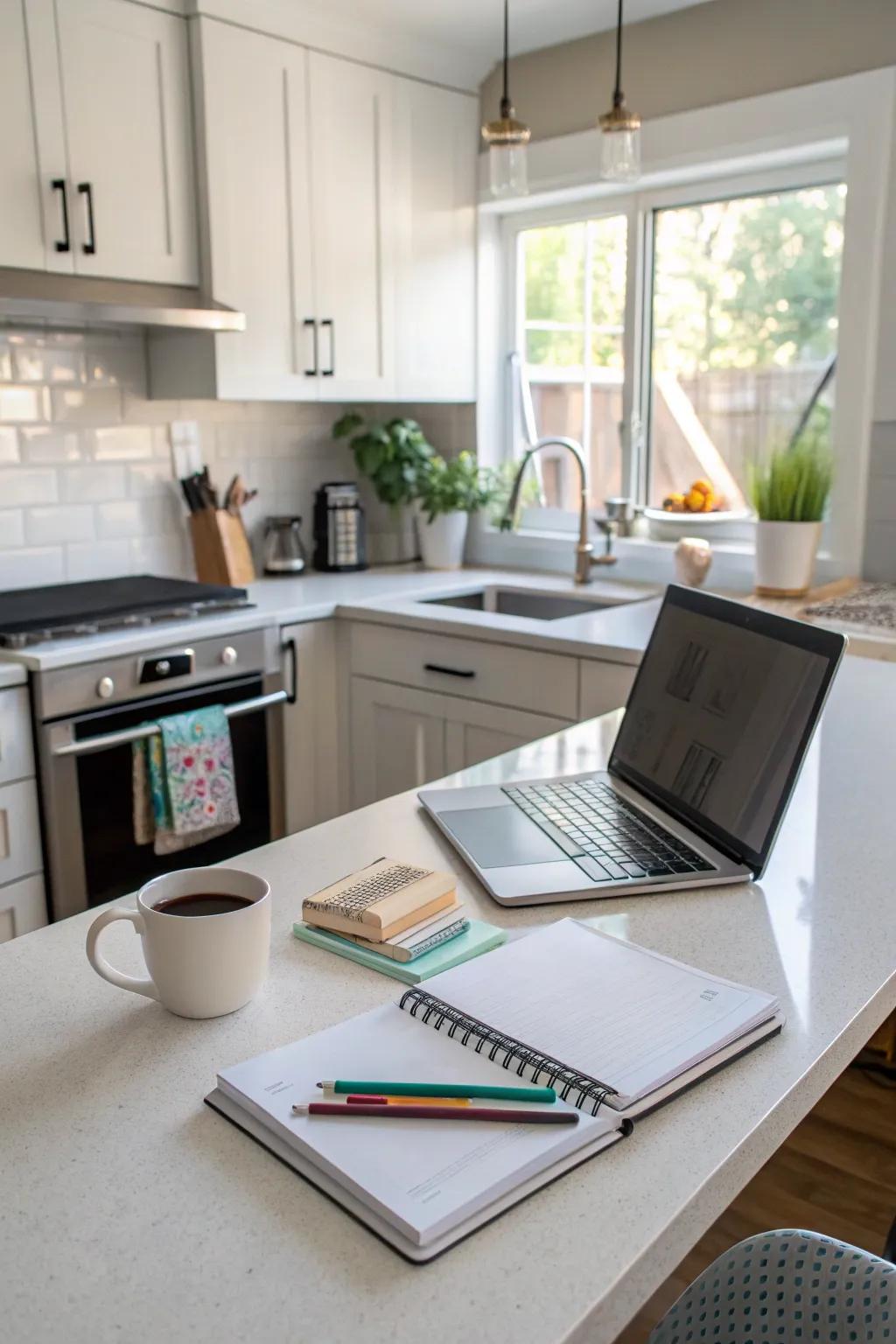 A kitchen desk area crafted by reimagining previously unused space.