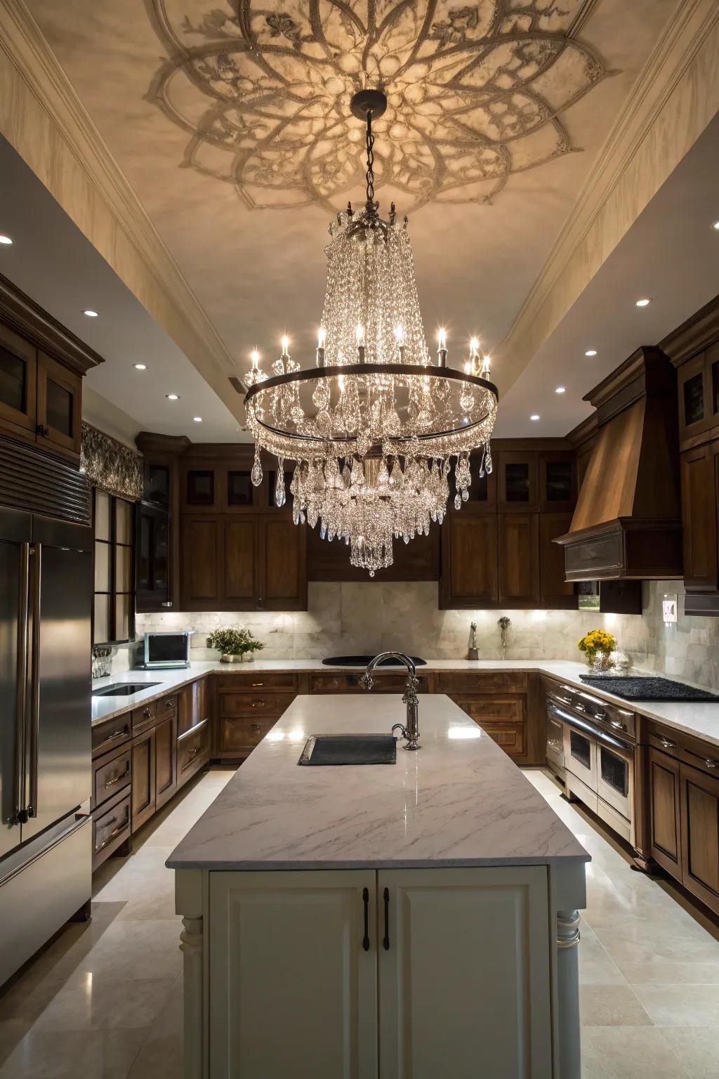 An artistic candelabra serves as the dramatic focal point in this culinary space.