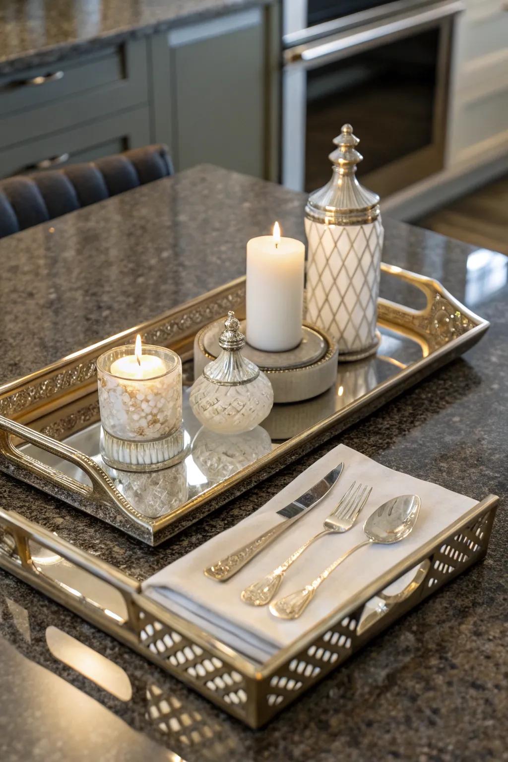Mirrored surfaces append elegance whilst enriching illumination across the culinary area.