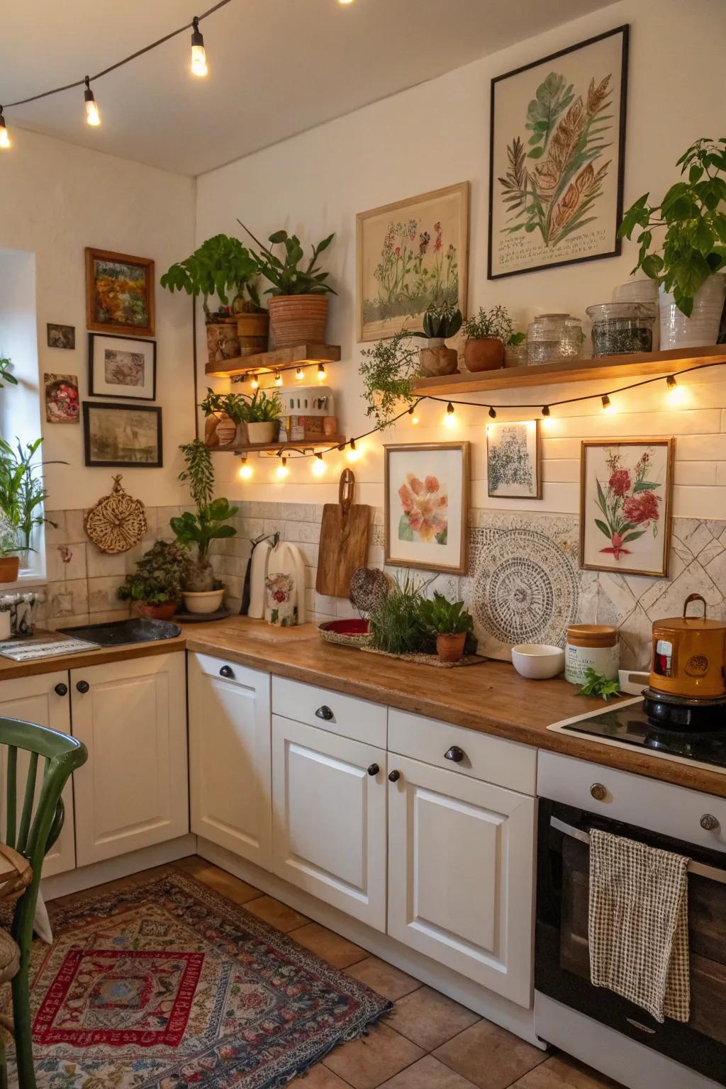 Art and embellishments transforming the kitchen into a personal sanctuary.