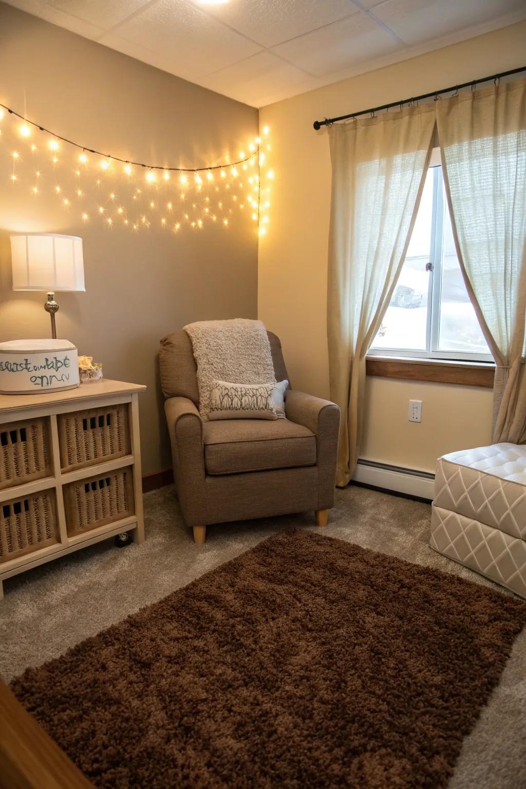 A deluxe rug adds warmth and texture to the room.