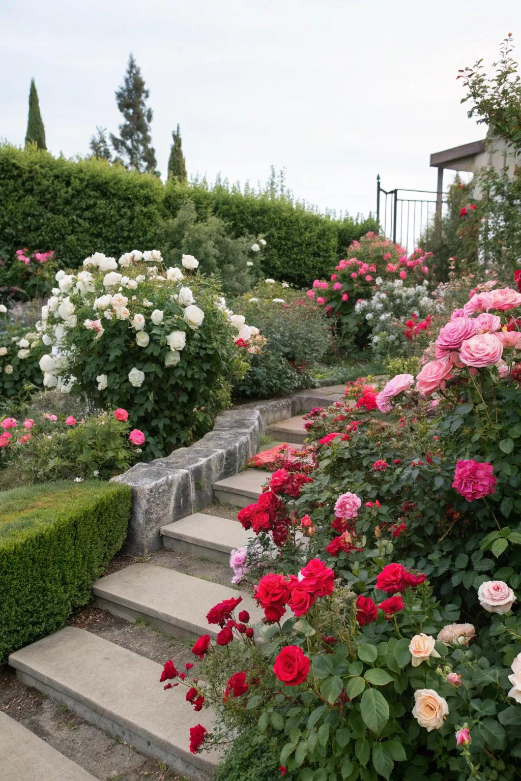An angle saturated with rosaceous shrubs provides fragrance and splendor.