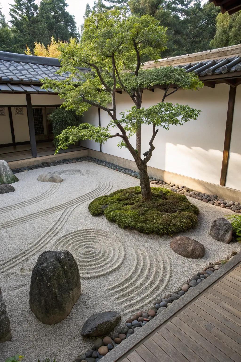 A Zen garden furnishes a tranquil, meditative landscape surrounding trees.