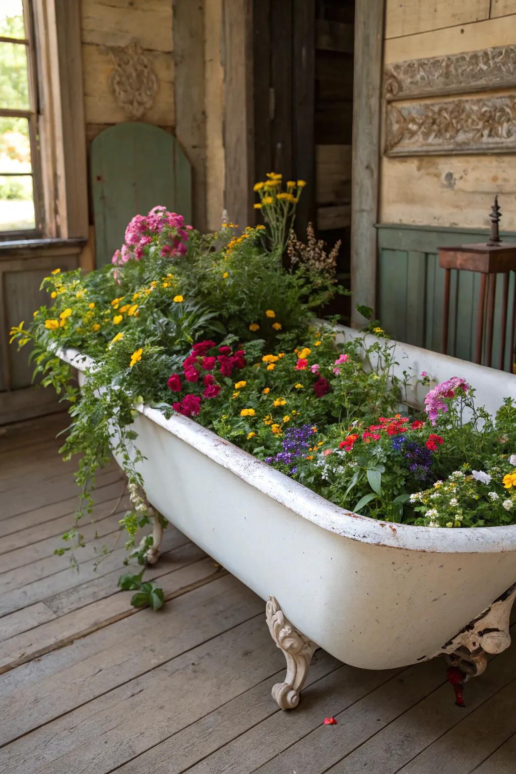 Aged bathing vessels are a whimsical and spacious option for elevated garden beds.