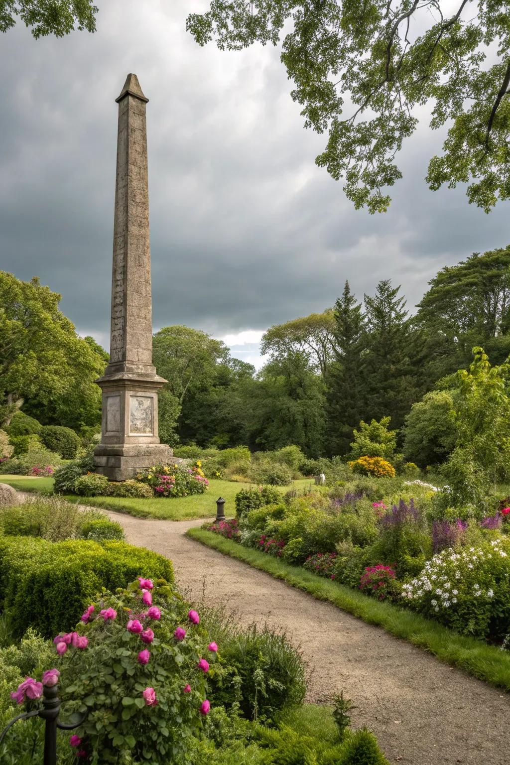 Stone obelisks add vertical interest and drama.