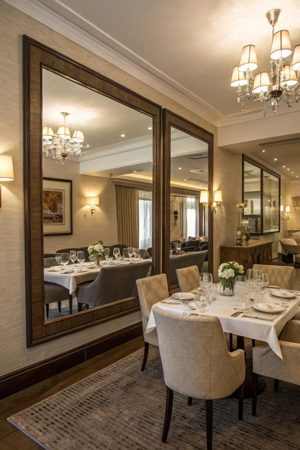 Mirrors that enhance the light and openness within the dining location.