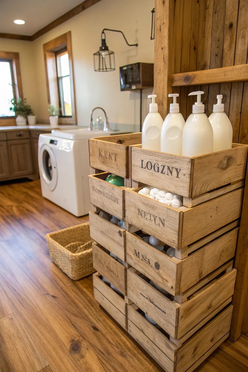 Timber crates lend a rustic charm to your laundry storage.
