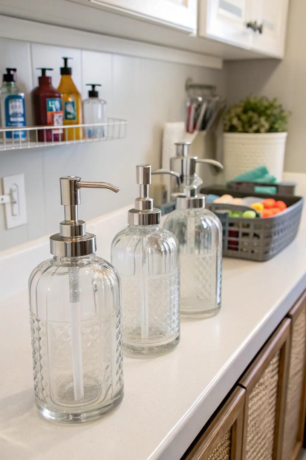 Glass pump dispensers offer style and utility.